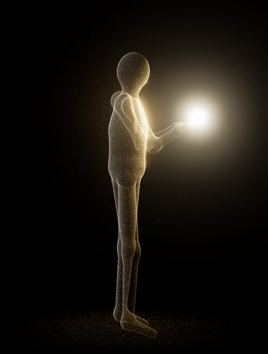 A figure of gold dust holding a bright spark