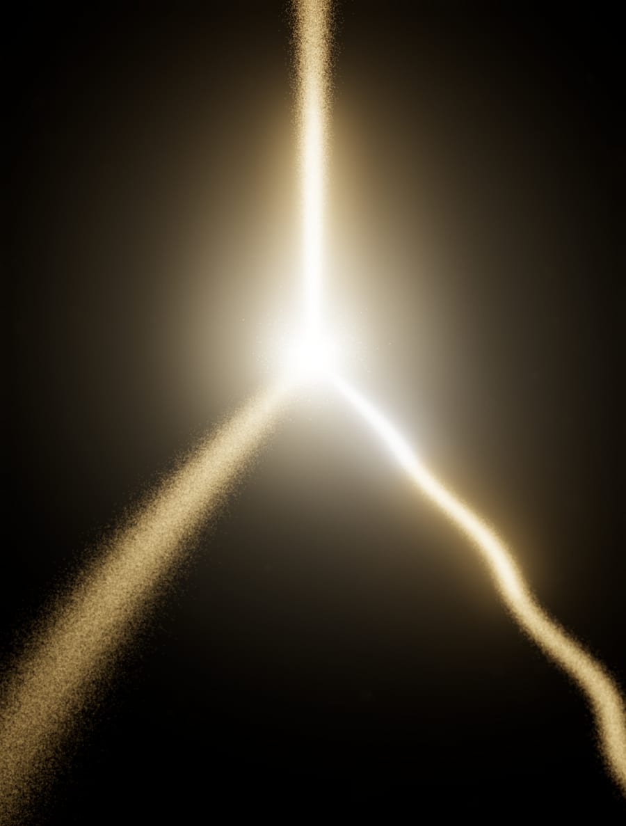 Two streams of gold light meeting and rising as one beam