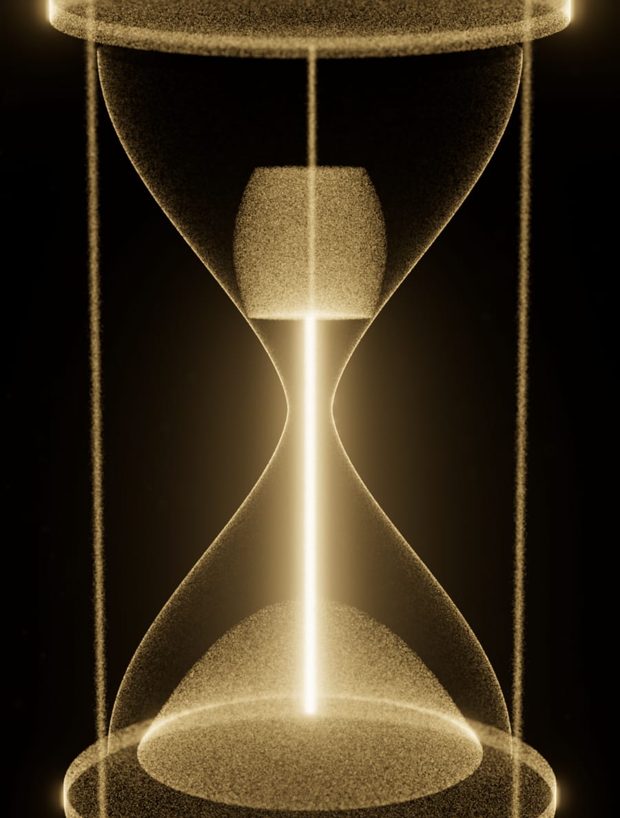 An hourglass of gold light with the sand running through